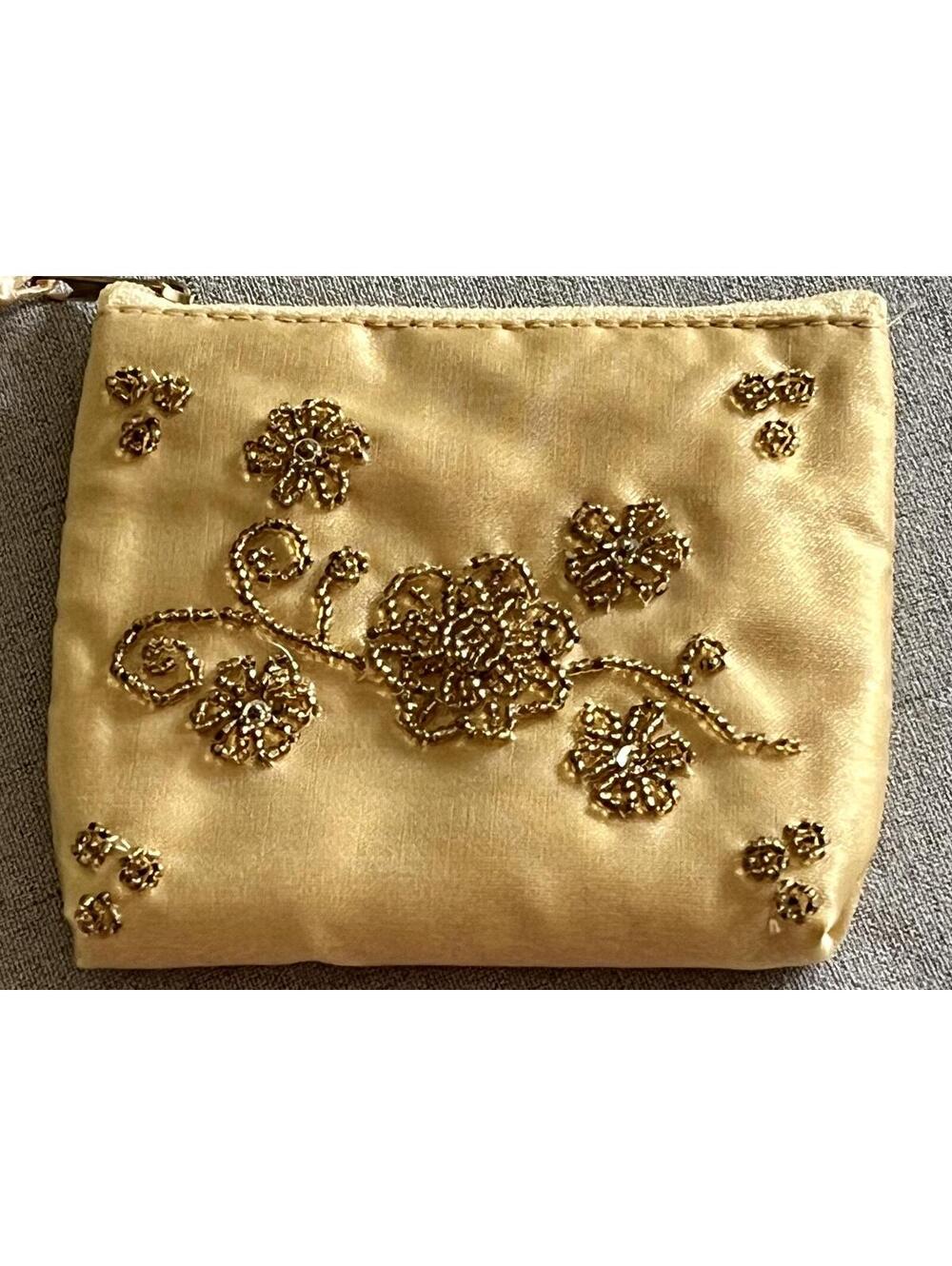 Gold Satin Beaded Floral Zip Pouch Coin Purse